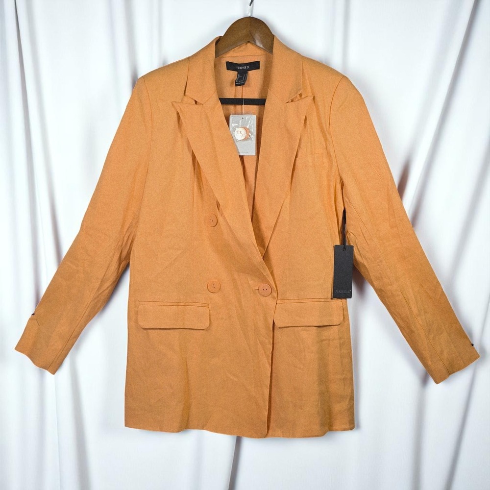 Forever 21 Double Breasted Blazer Woman Small Linen Blend Pockets Casual Orange